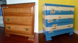 blah dresser before and then painted blue and white